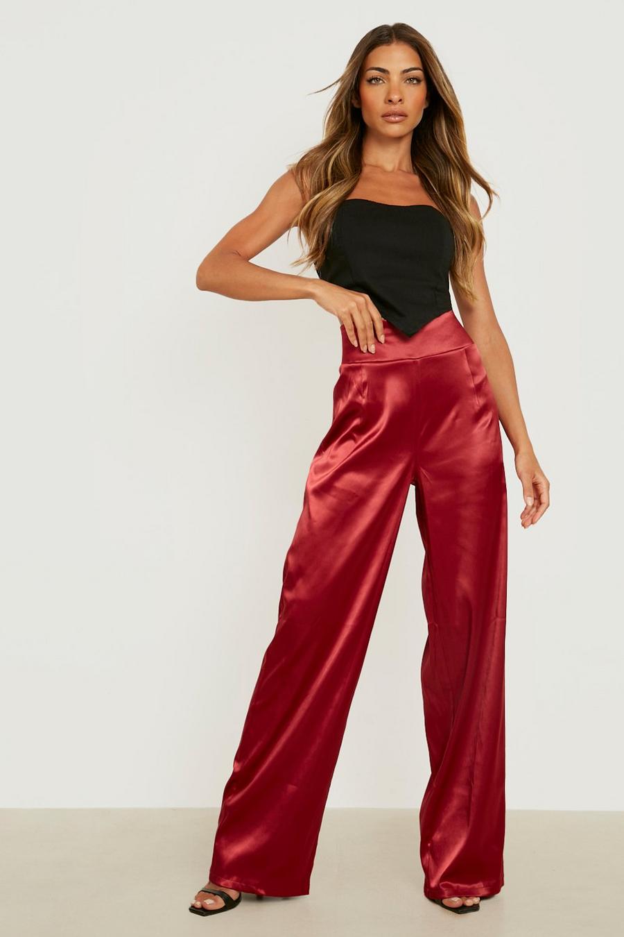 Red High Waisted Satin Wide Leg Trousers image number 1