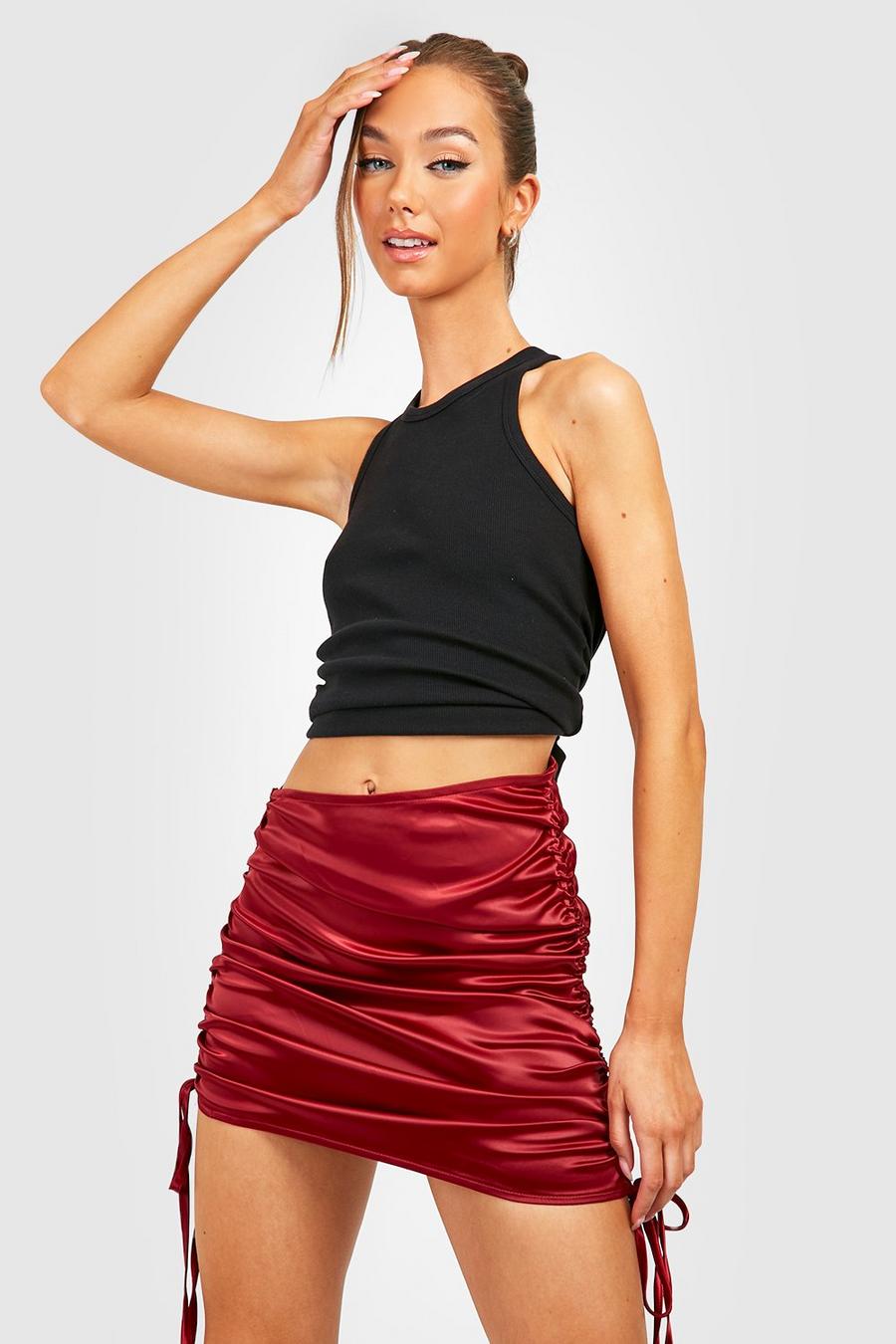 Red Ruched Side Satin Mini Skirt image number 1
