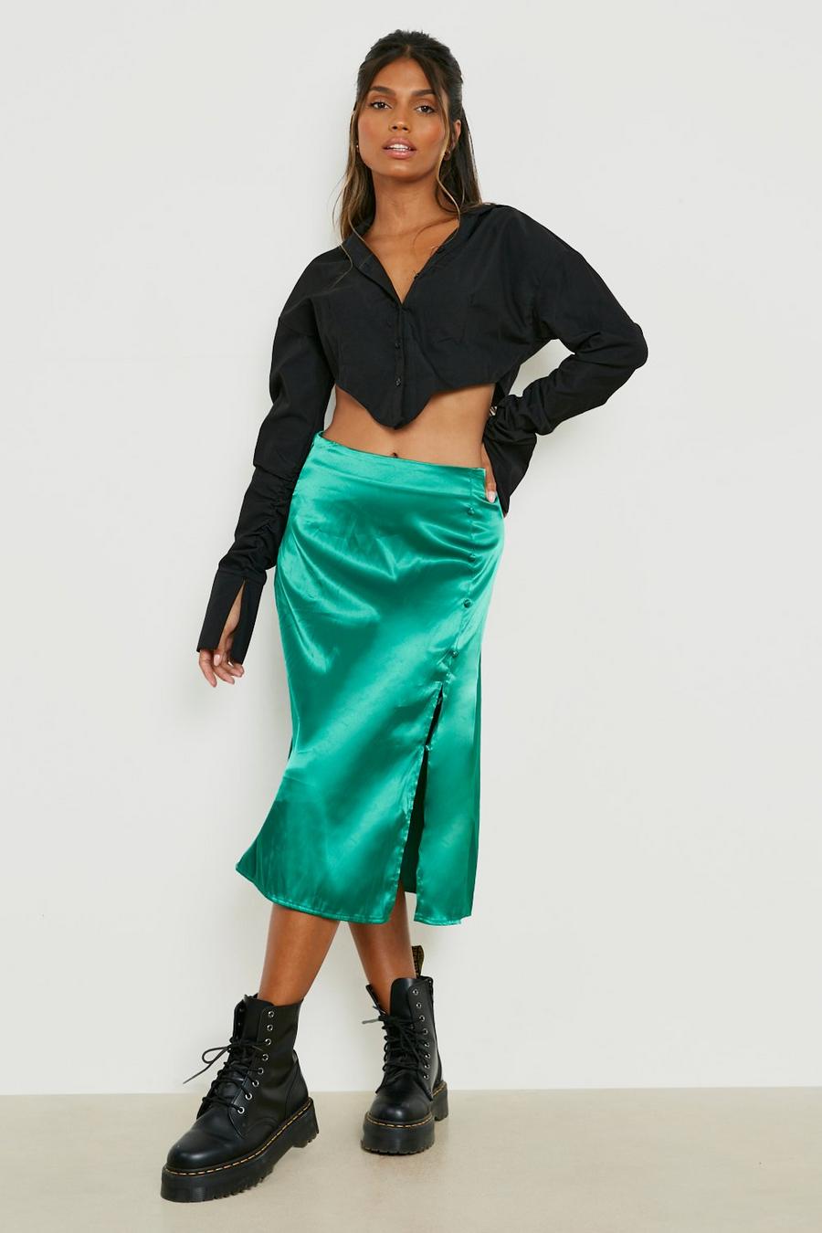Green Buttoned Front Split Hem Midi Skirt
