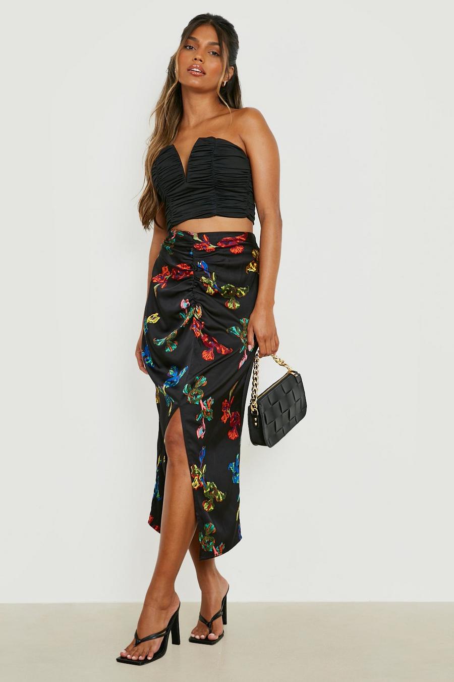 Black Floral Ruched Front Split Midaxi Skirt
