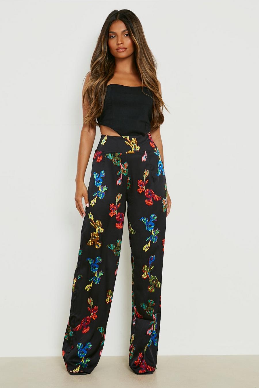 Black Floral High Waisted Wide Leg Pants image number 1