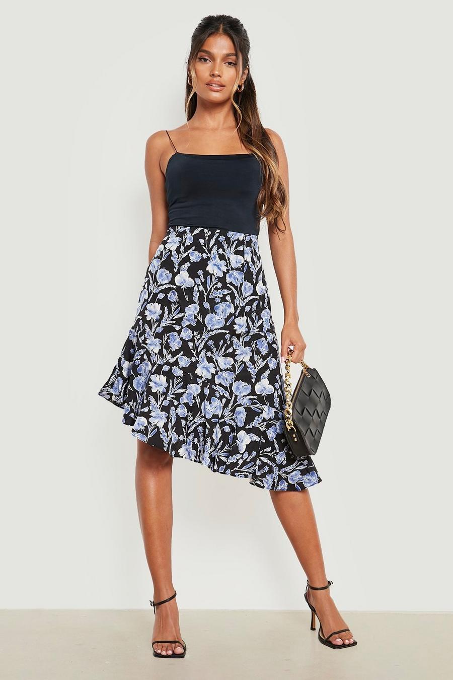 Black Floral Asymmetric Woven Mini Skirt image number 1