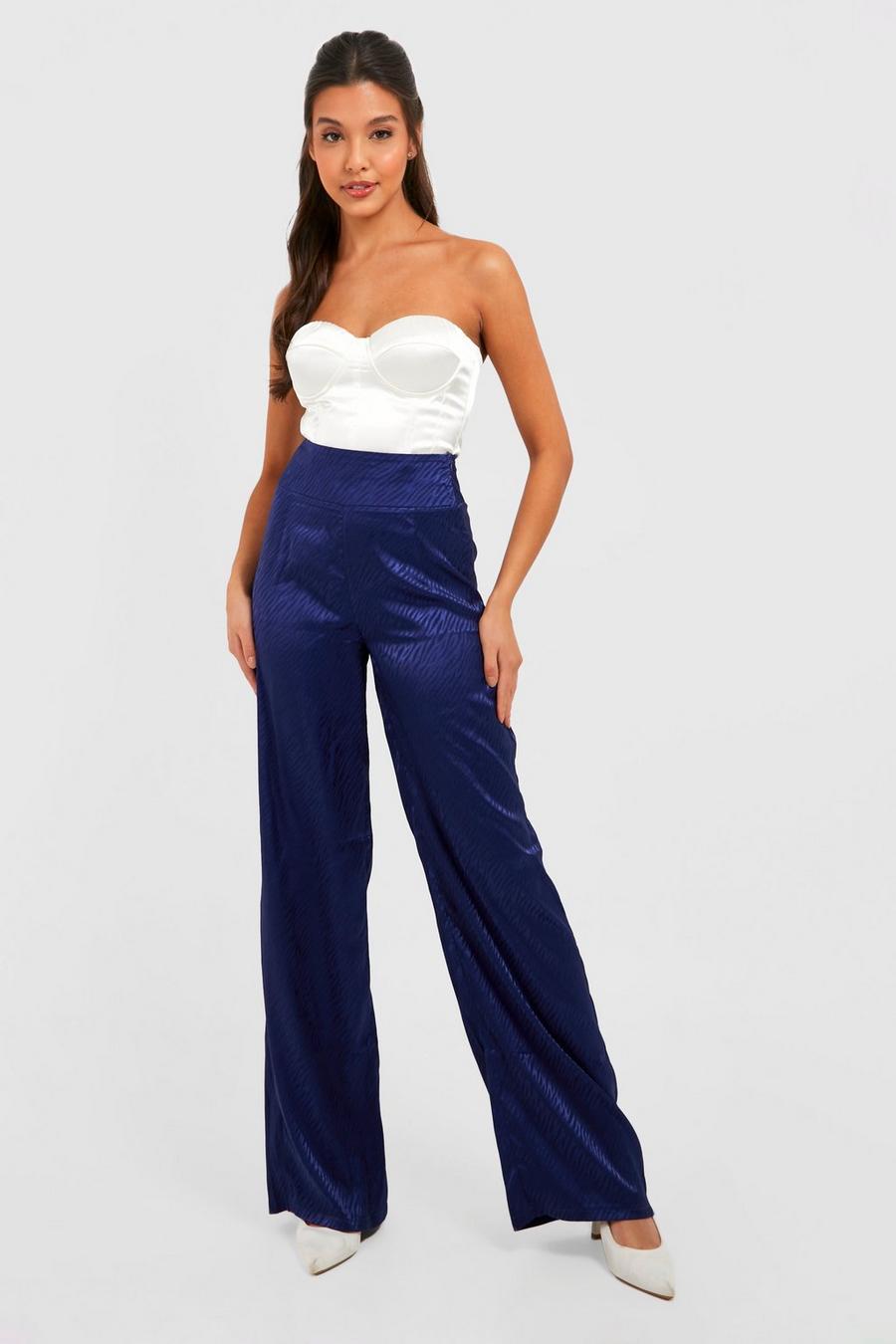 Navy Jacquard Satin High Waisted Wide Leg Trousers
