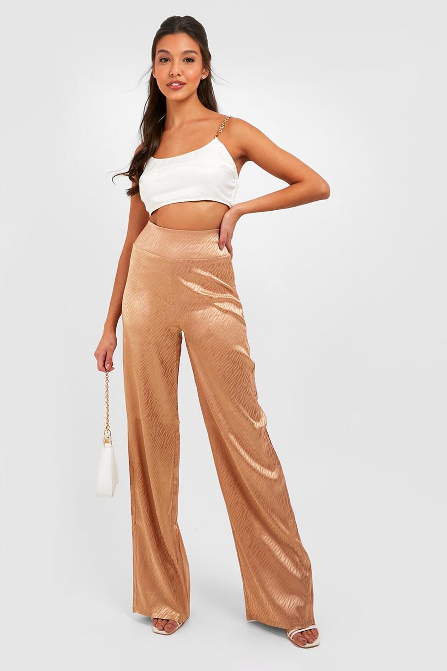 Tan Jacquard Satin High Waisted Wide Leg Trousers image number 1