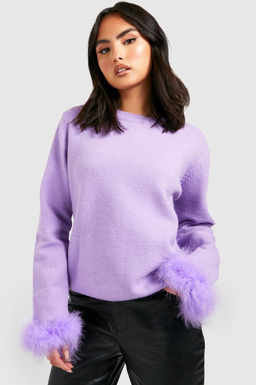 Lilac purple Faux Fur Trim Sweater