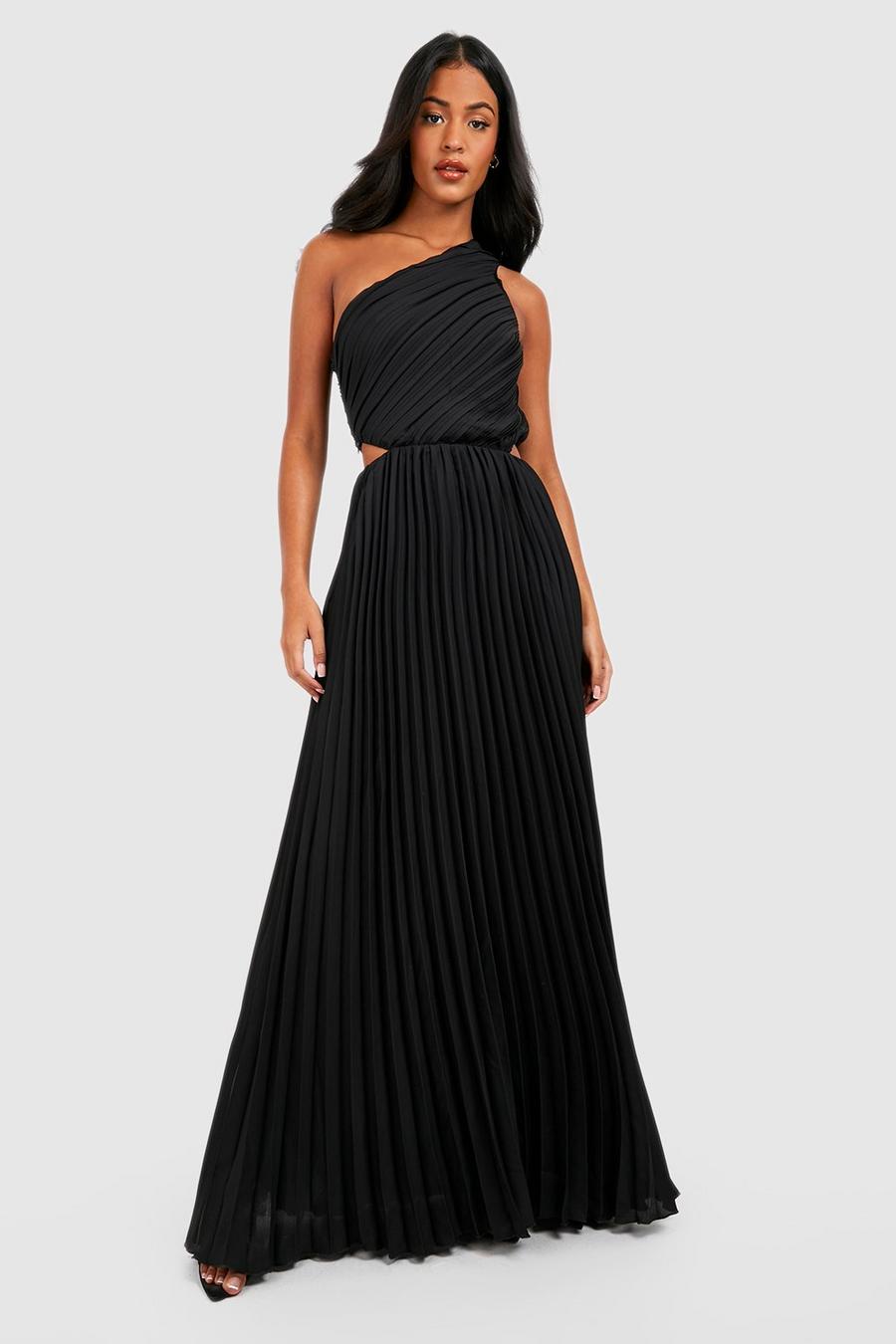 שחור שמלת מקסי One Shoulder עם קפלים, לנשים גבוהות image number 1