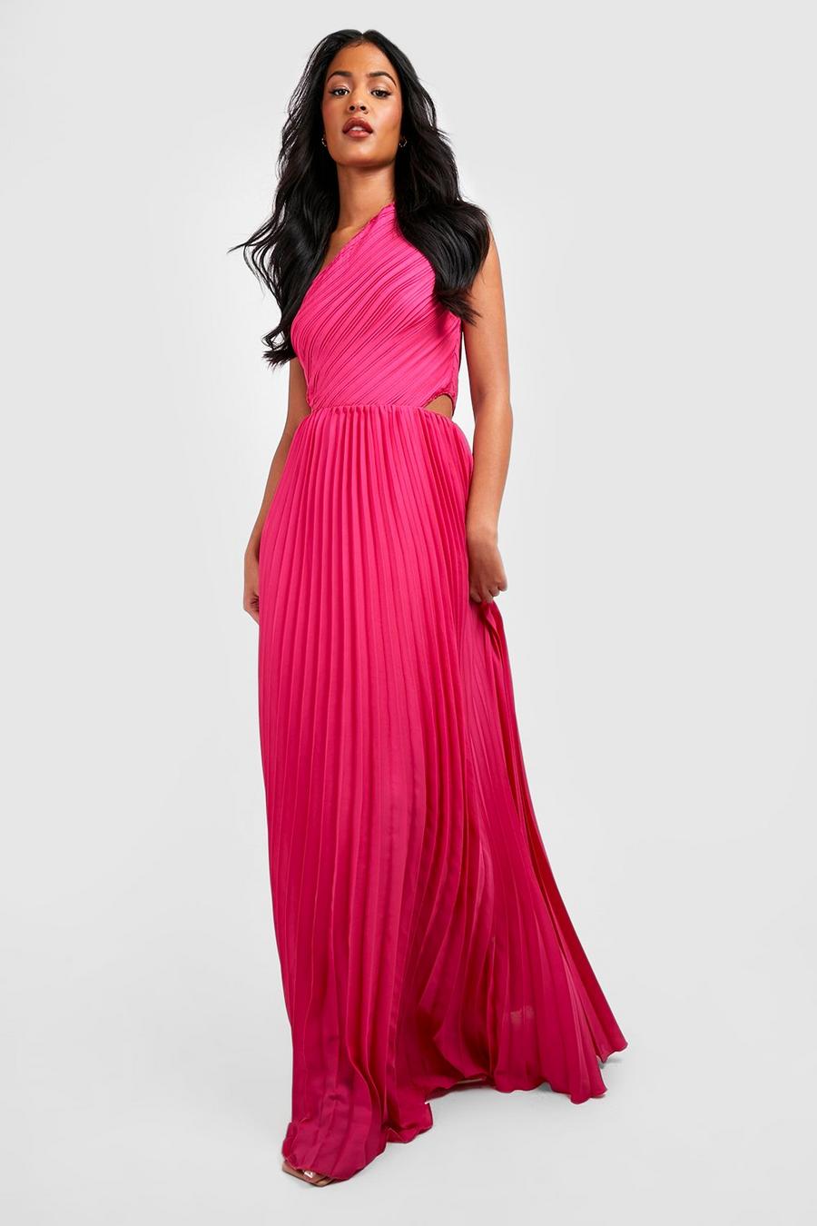 Magenta pink Tall One Shoulder Pleated Maxi Dress image number 1