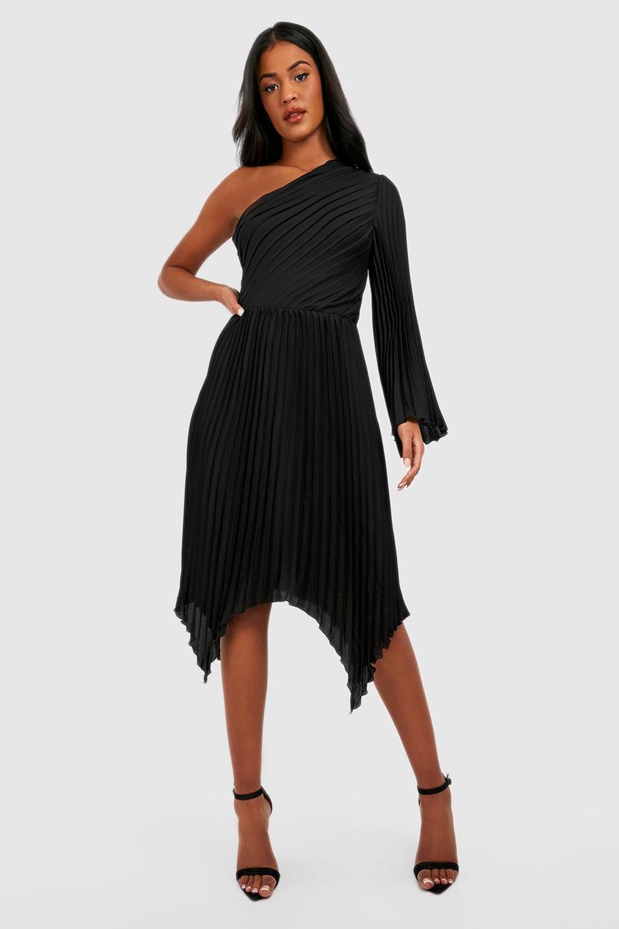 Black Tall Asymmetric Longsleeve Pleated Midi Dress image number 1
