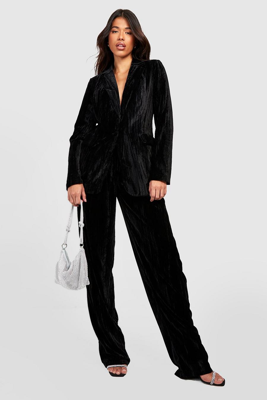 Black Tall Crinkle Velvet Tapered Trousers image number 1