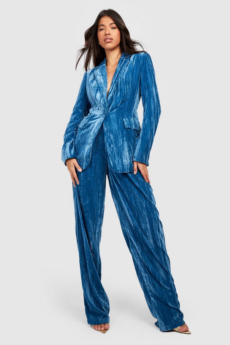 Pacific blue Tall Crinkle Velvet Tapered Trousers image number 1