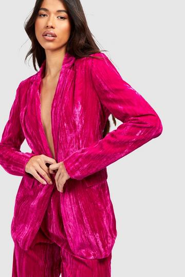 Tall Crinkle Velvet Single Breasted Blazer magenta pink