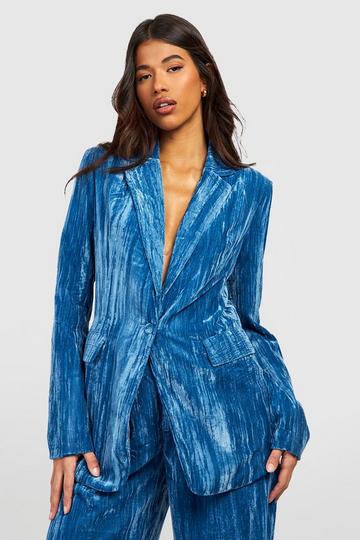 Blue Tall Crinkle Velvet Single Breasted Blazer