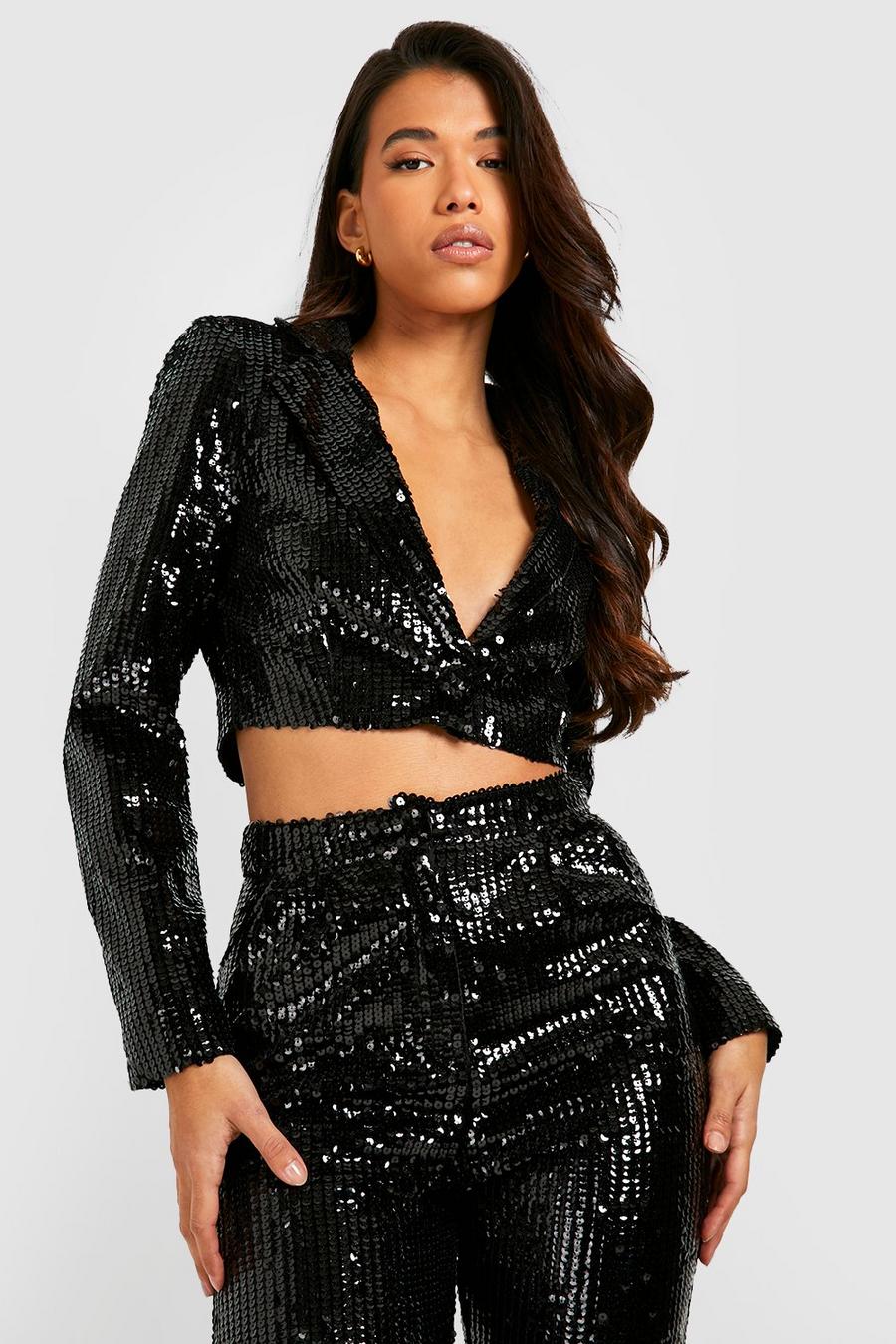 Black Tall Sequin Cropped Blazer image number 1