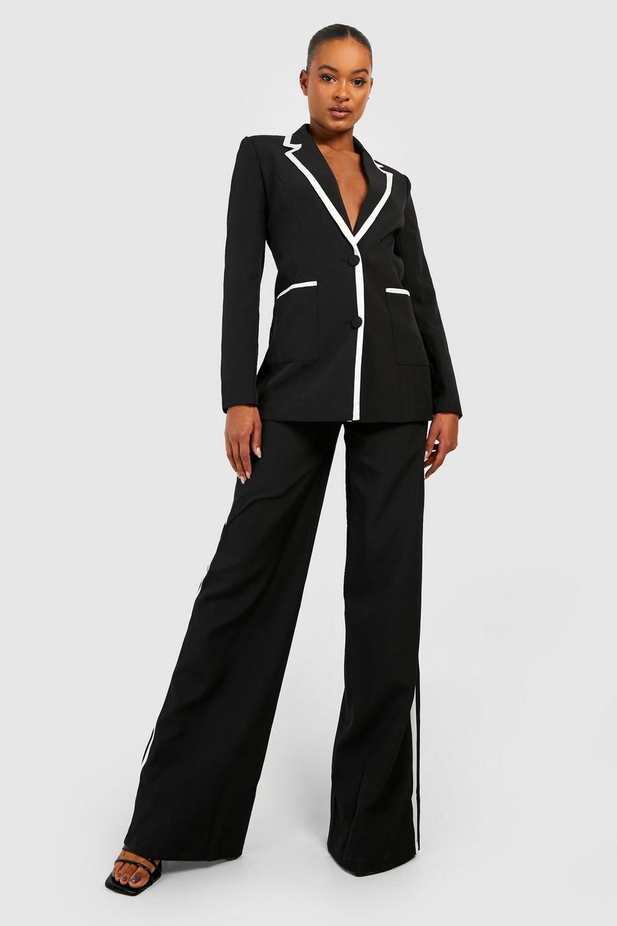 Black Tall Contrast Piping Blazer image number 1