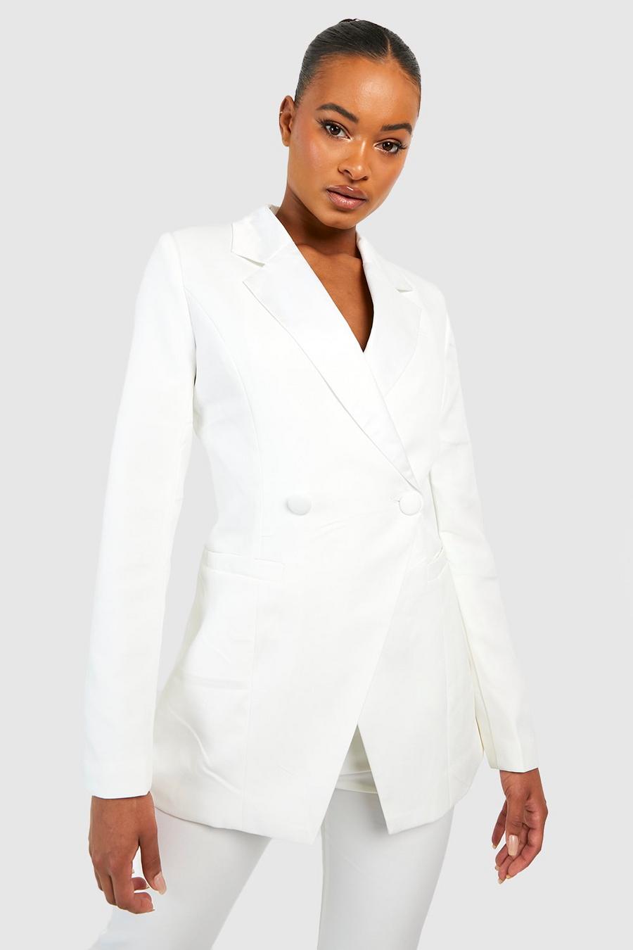 Ivory Tall Satin Collar Fitted Tuxedo Blazer image number 1