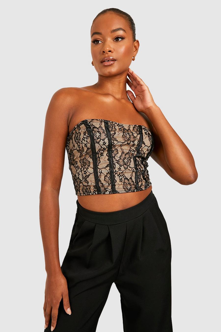 Black Tall Lace Contrast Corset Top image number 1