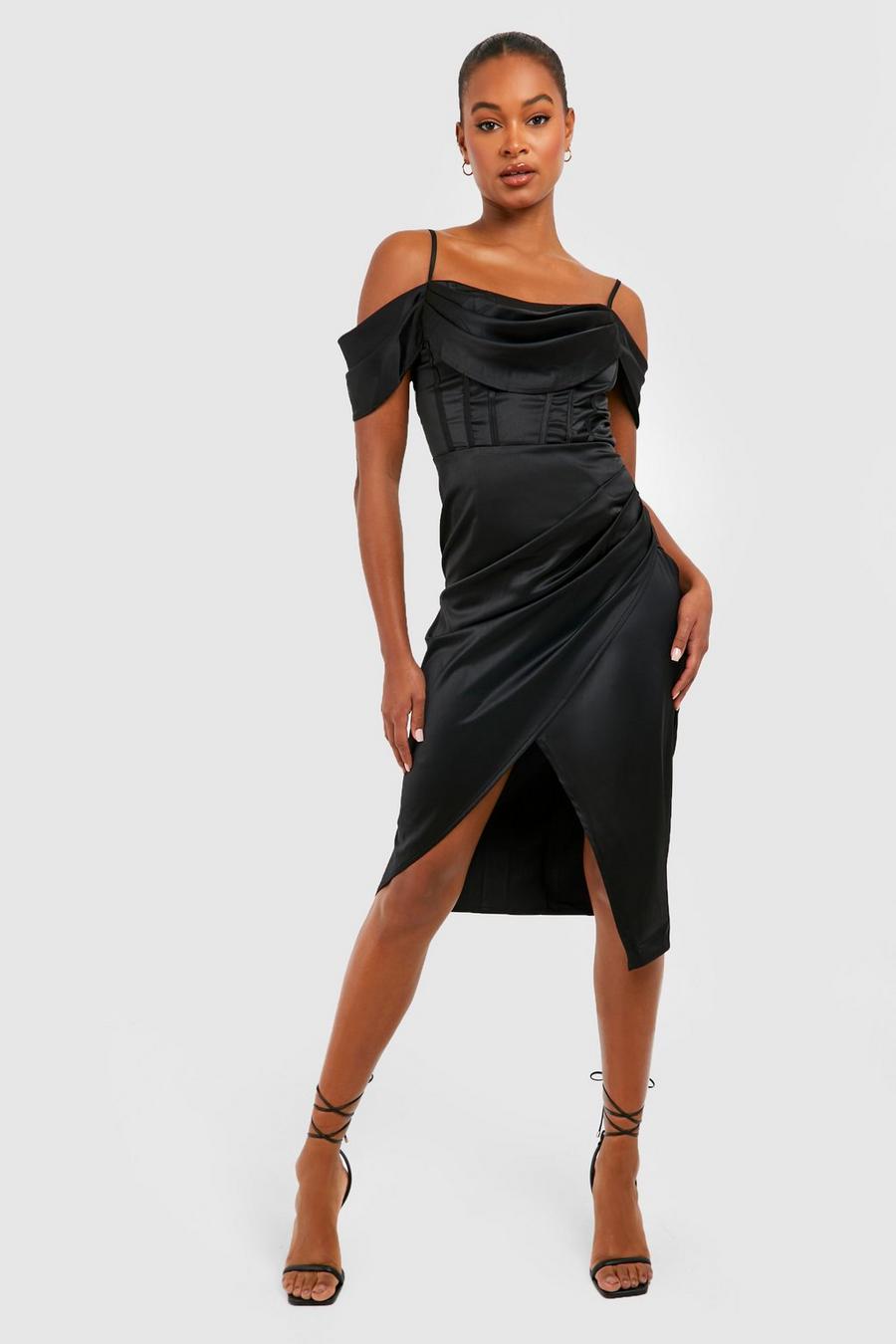 Black negro Tall Satin Draped Corset Midi Dress image number 1