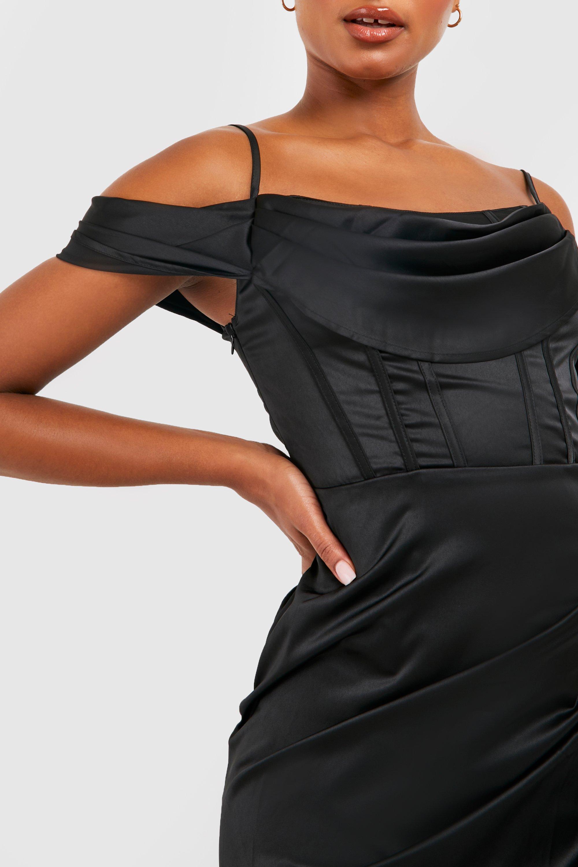 Buy Black Satin Plain Square Neck Corset Draped Dress For Women by