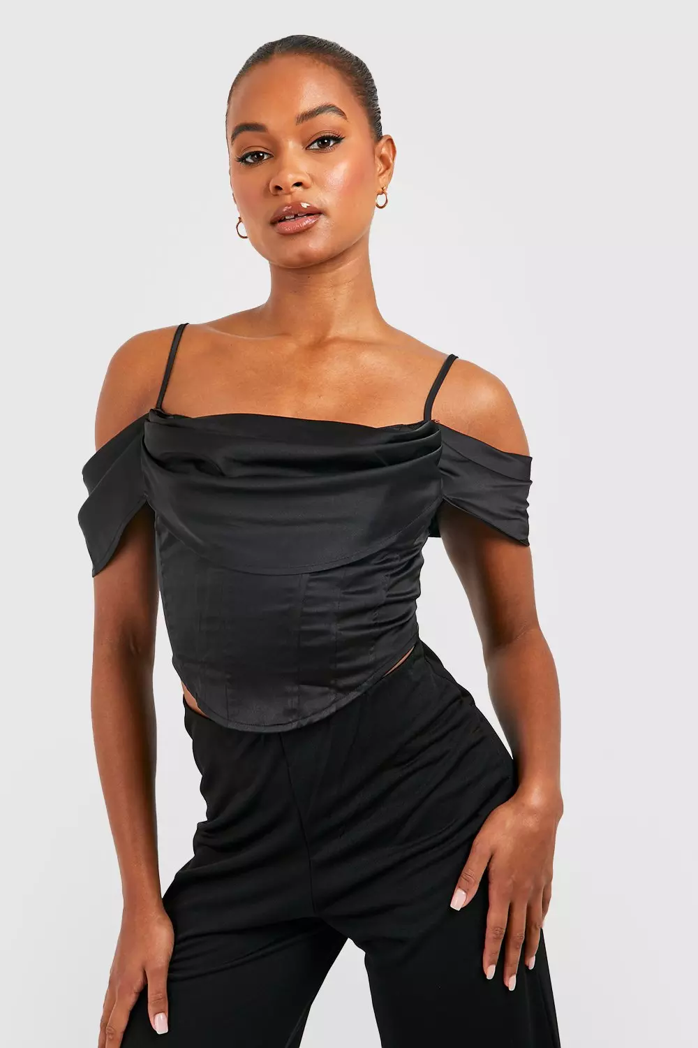 Draped Satin Corset Top - Black