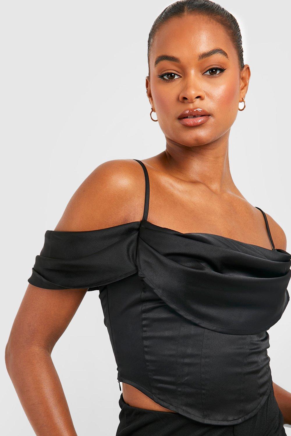 Draped Satin Corset Top - Black