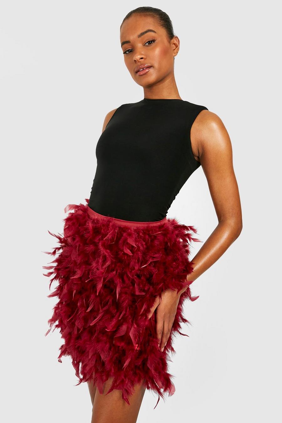 Berry Tall Fluffy Feather Mini Skirt image number 1