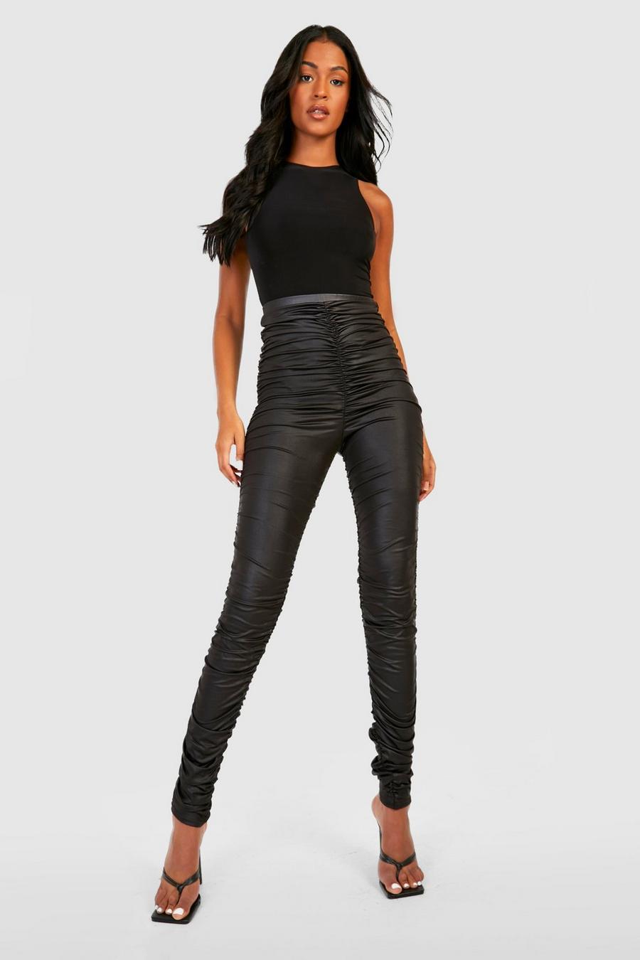 Black Tall Wet Look Ruched Detail Skinny Trousers