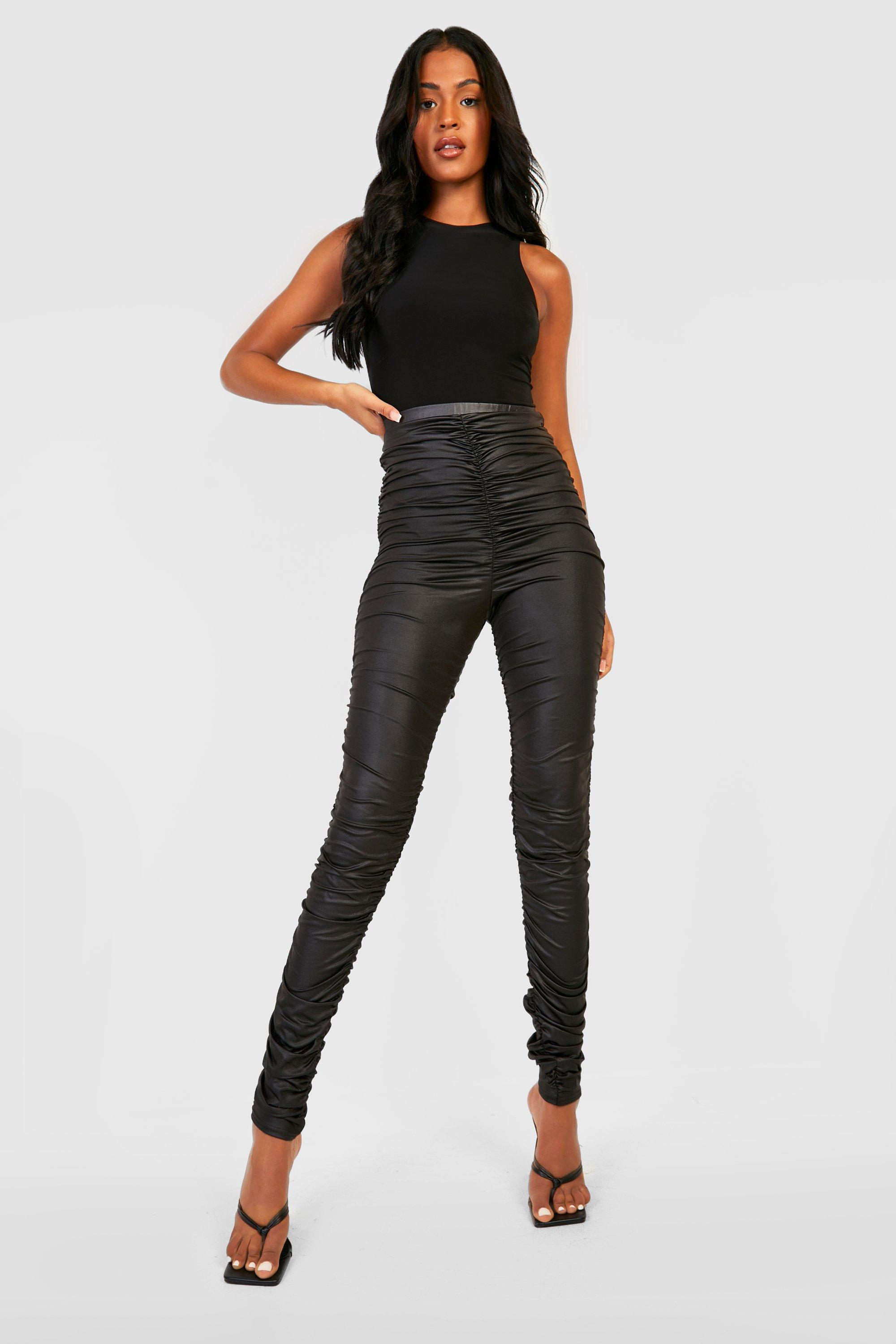 Tall Wet Look Ruched Detail Skinny Trousers