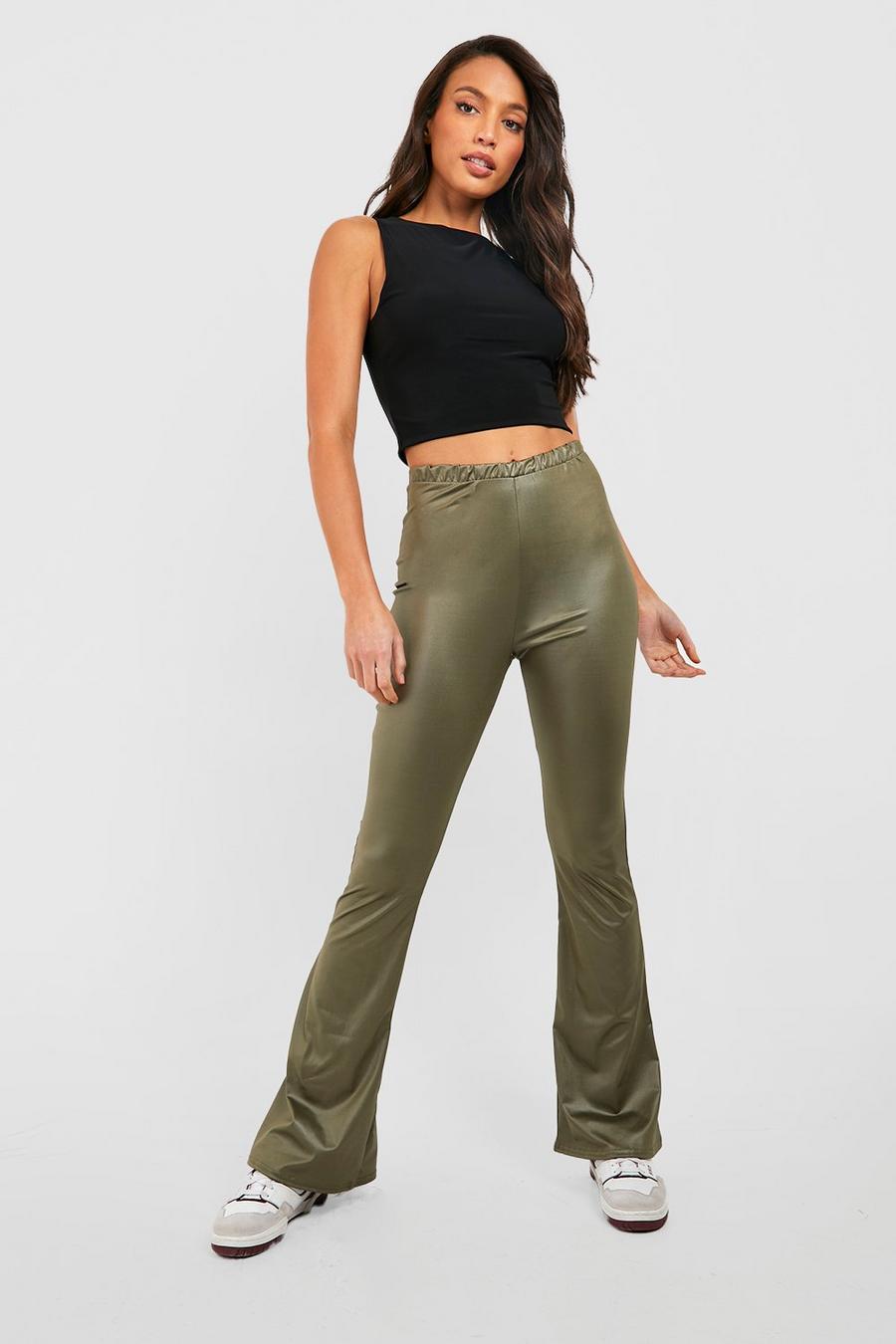 Khaki Tall Wet Look Kick Flare Trousers image number 1
