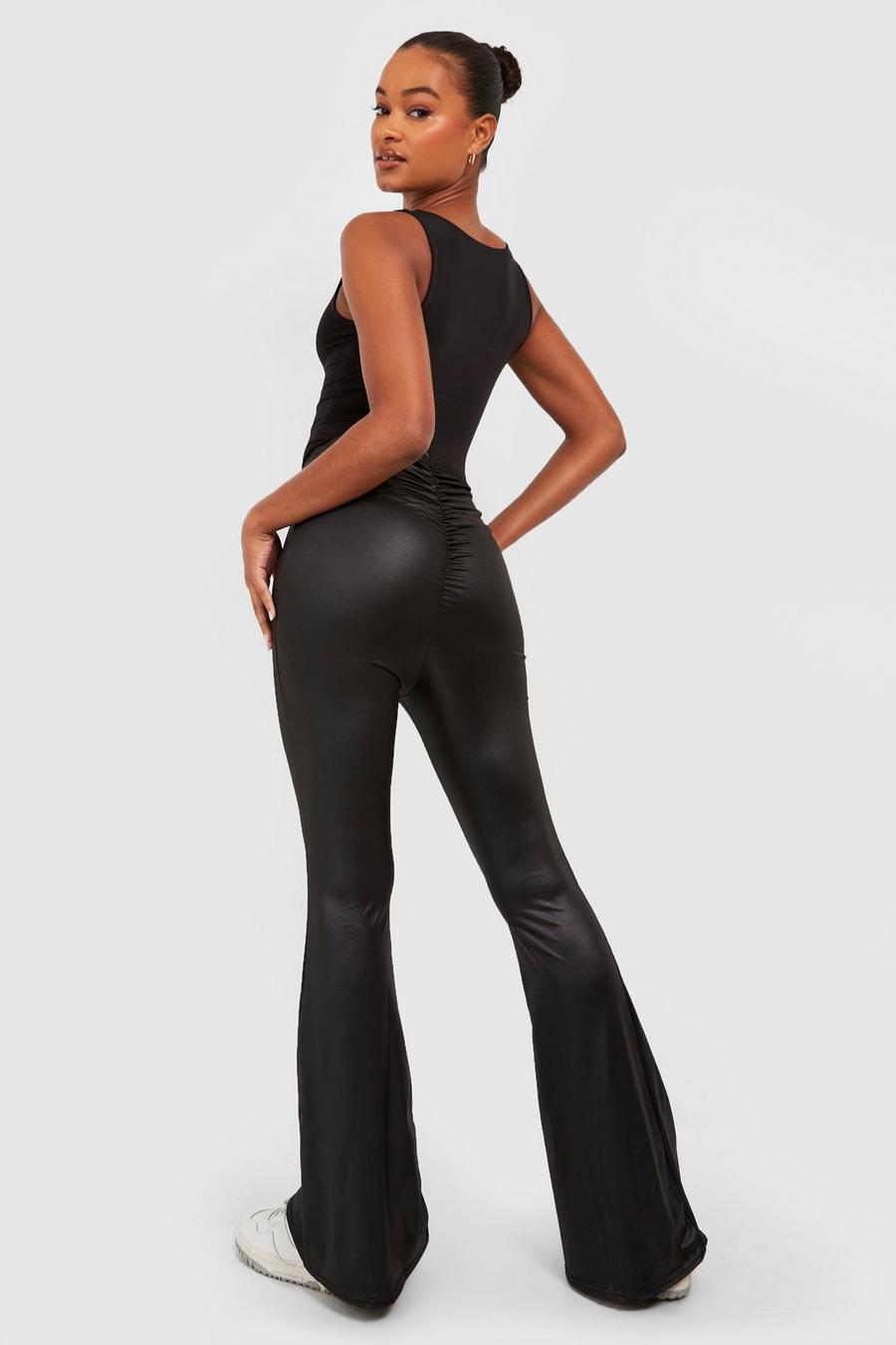 Black Tall Wet Look Ruched Bum Flare Trousers image number 1