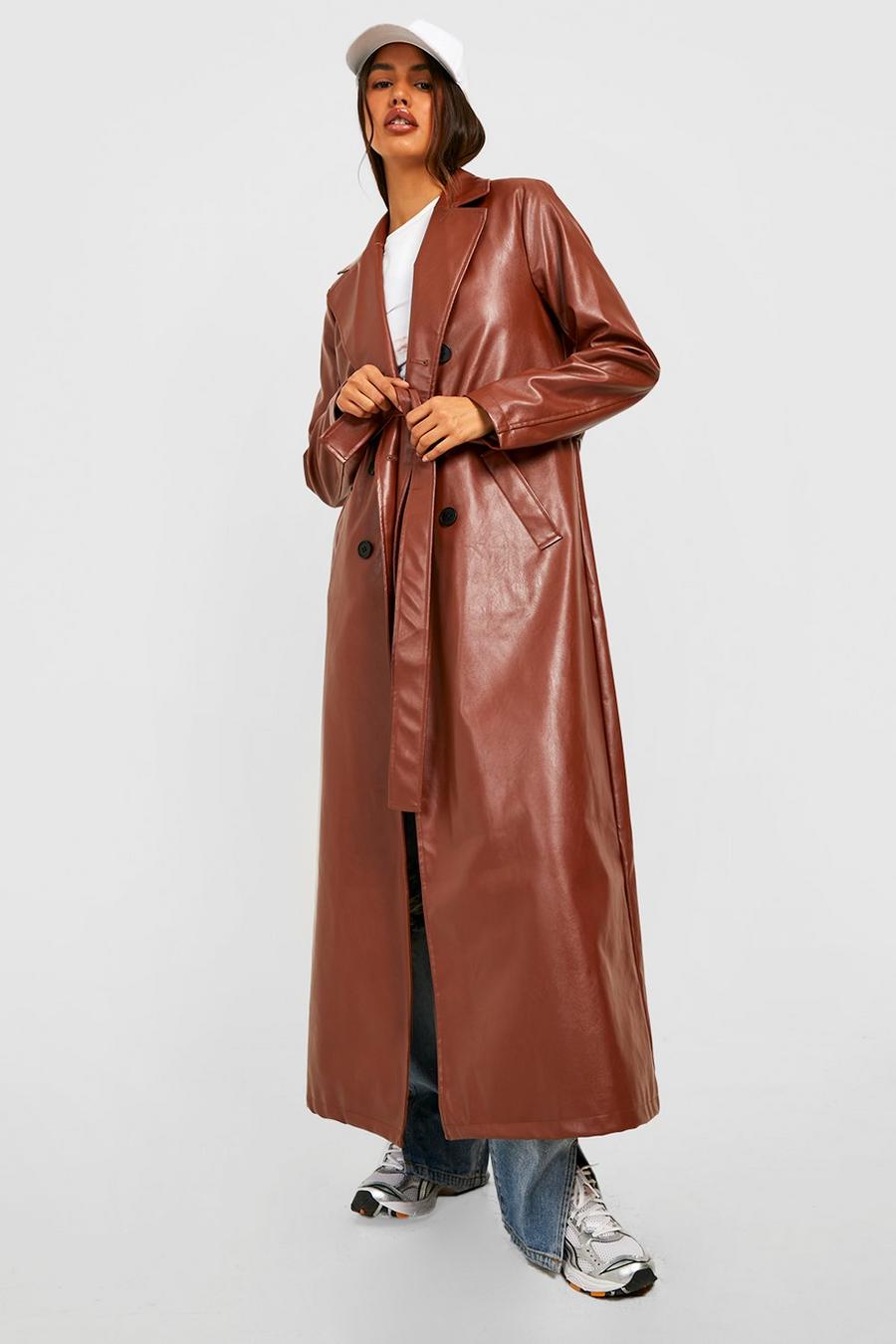 Chocolate Faux Leather Trench Coat image number 1
