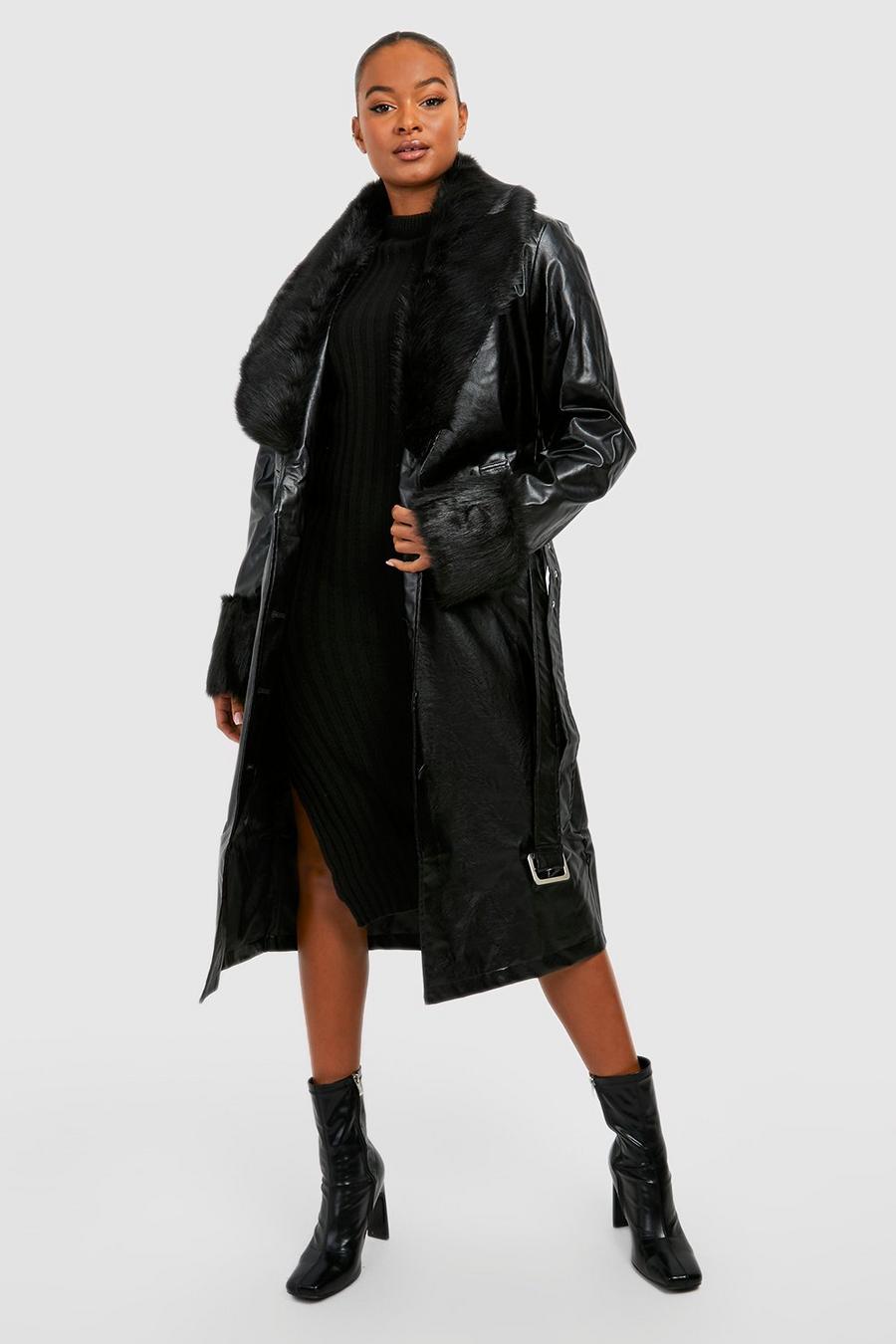 Black Tall Faux Fur Pu Trench Coat image number 1