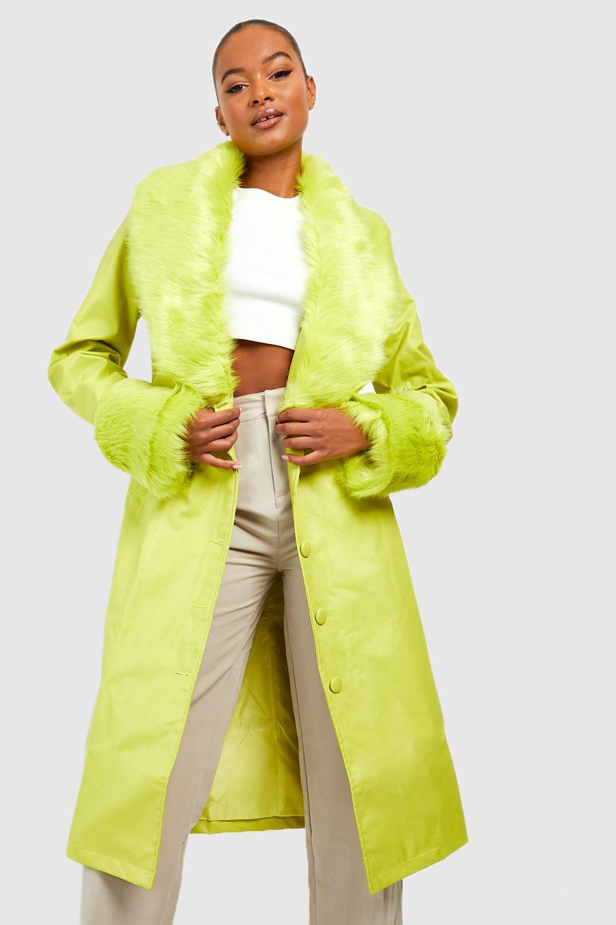 Lime Tall Faux Fur Pu Trench Coat image number 1