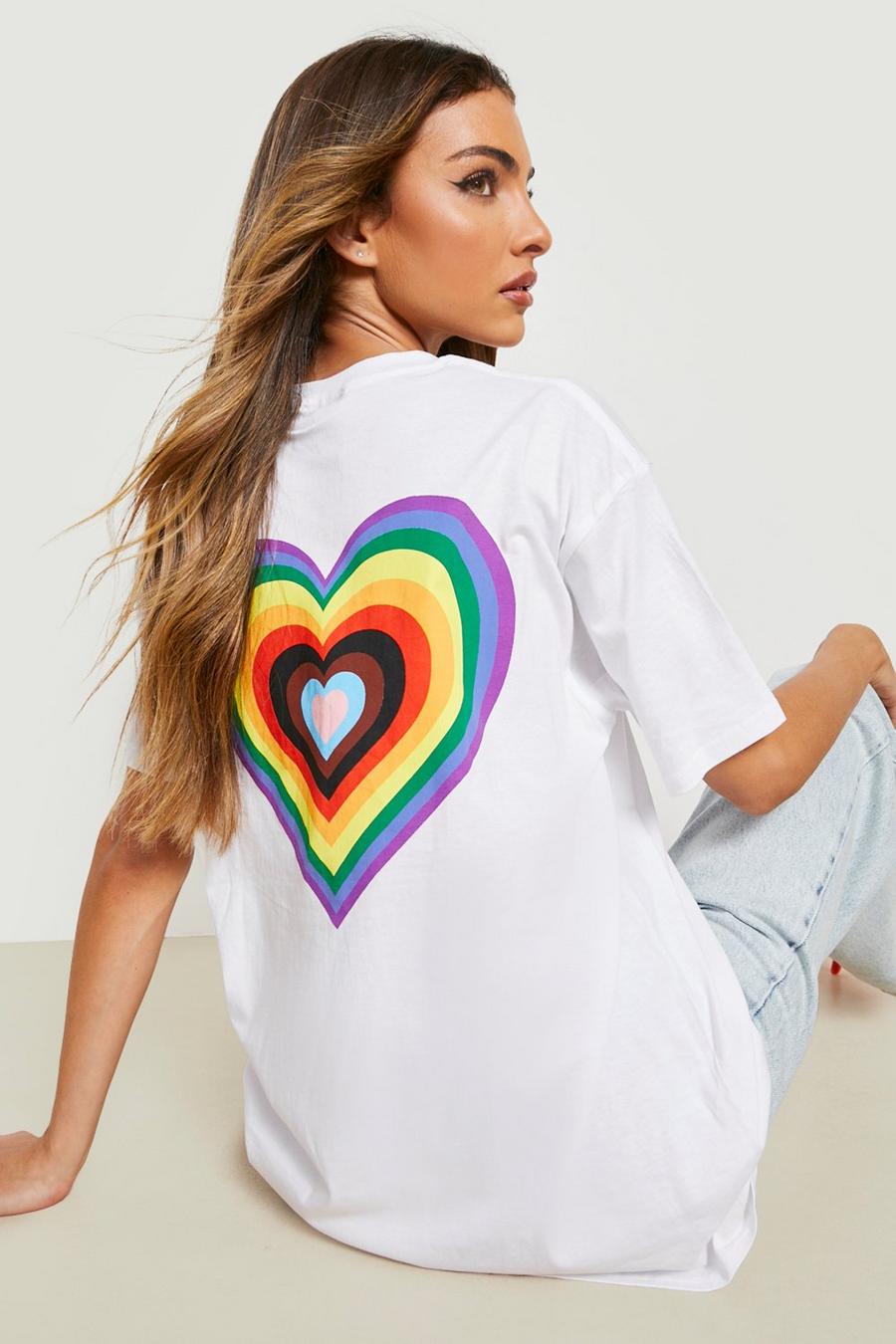 White Rainbow Heart Print Pride Oversized T-shirt