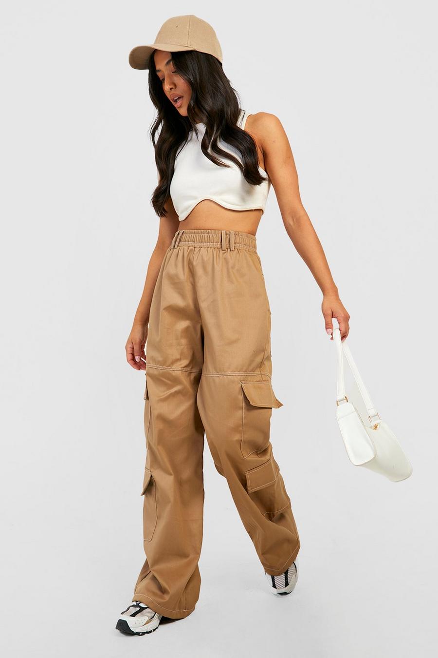 Women's Petite Contrast Stitch Wide Leg Pocket Cargos | Boohoo UK