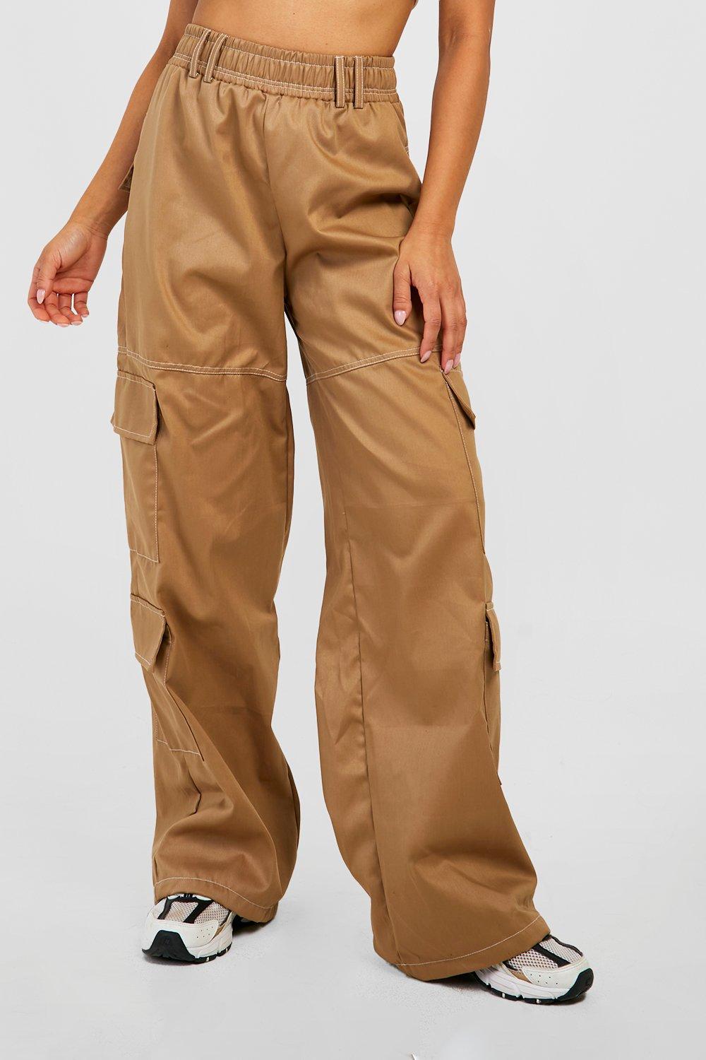 Petite Contrast Stitch Wide Leg Pocket Cargos