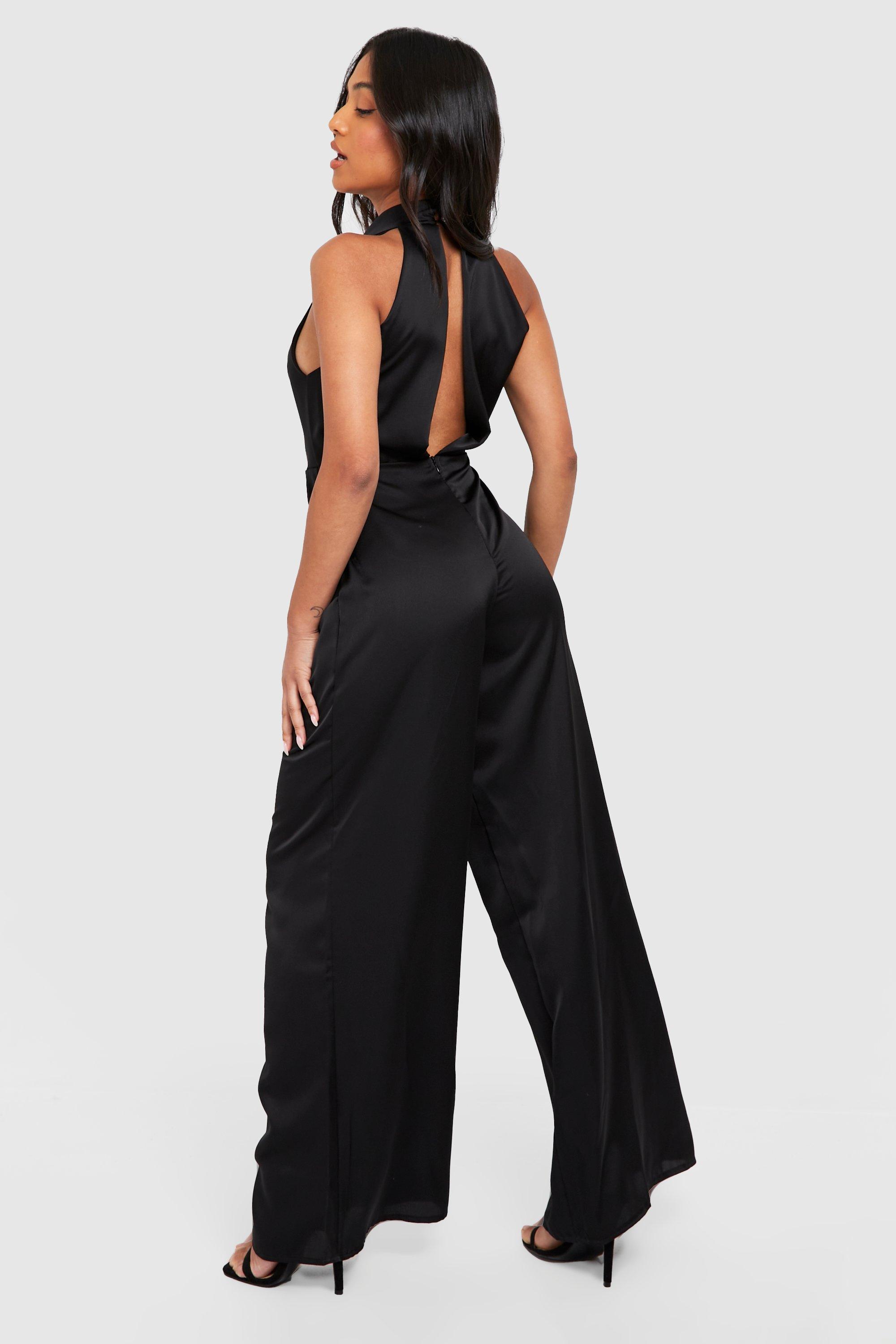 Petite Cowl Neck Satin Open Back Jumpsuit boohoo DK