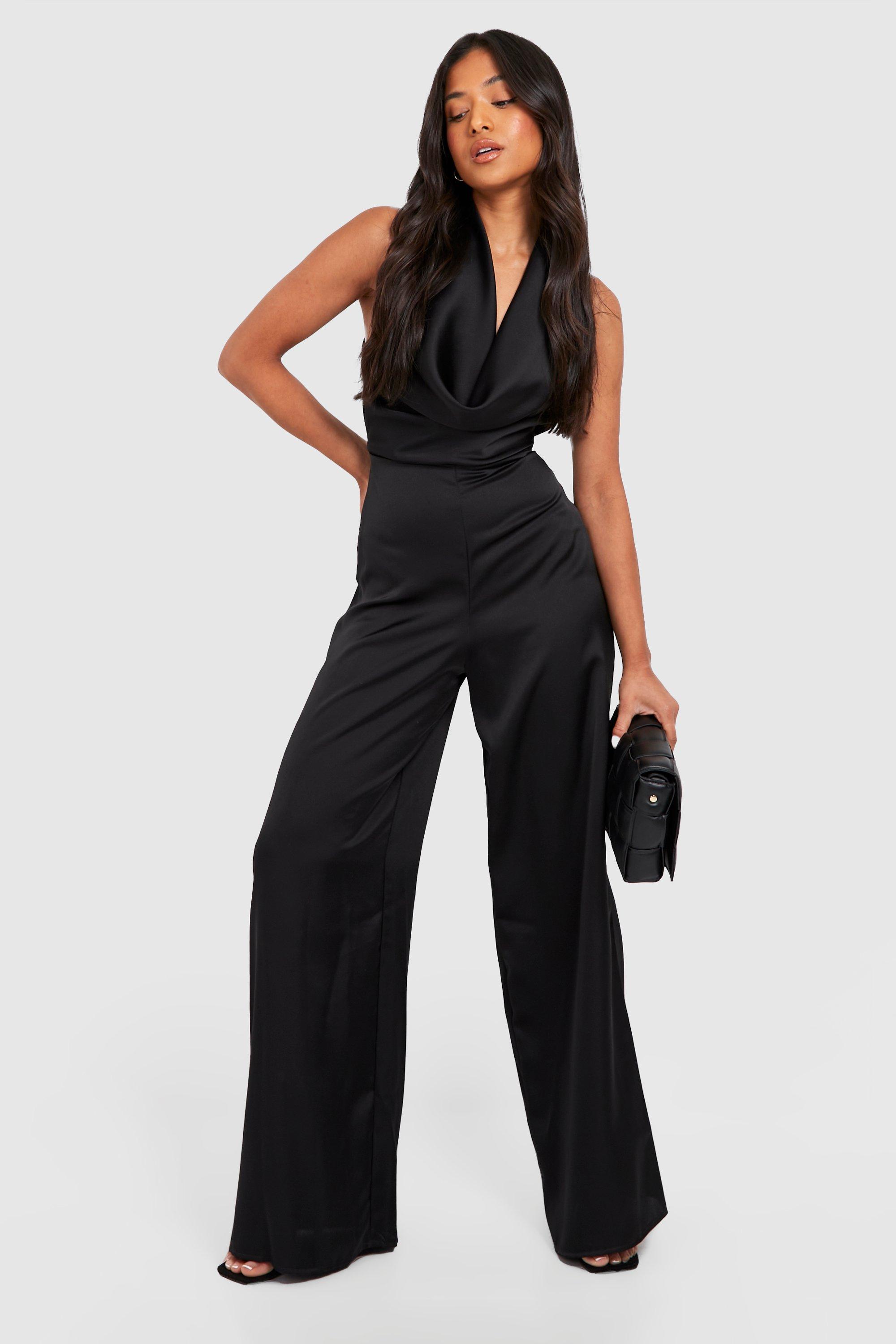 Black Satin Bandeau Cargo Flared Jumpsuit