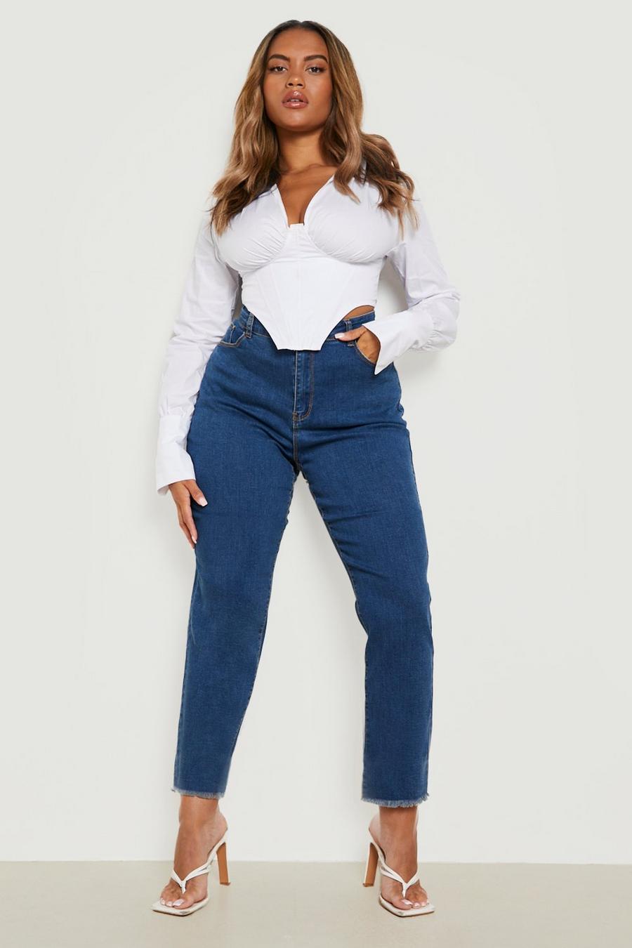 Mid blue Plus Mom Cropped Raw Hem Jeans image number 1