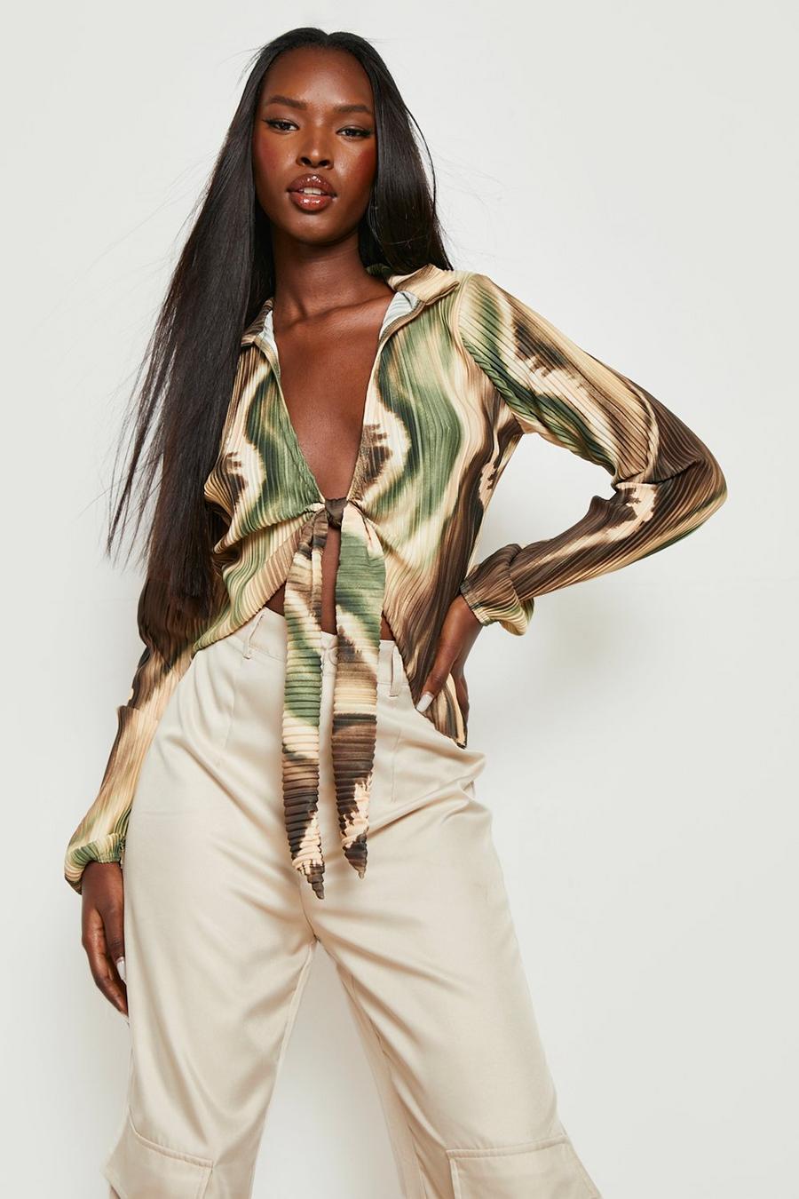 Khaki Abstract Plisse Tie Front Blouse image number 1