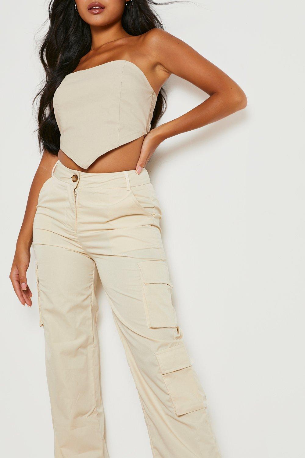 Boohoo Petite Folded Waistband Relaxed Fit Cargo Trousers in White