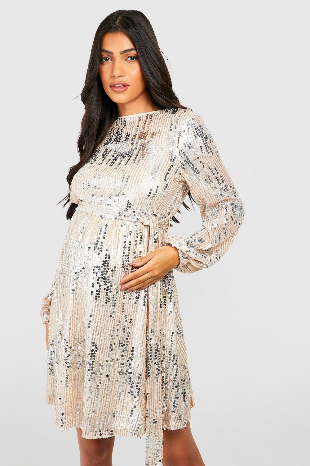 Boohoo Maternity Velvet Sequin Tie Waist Shift Dress in Black