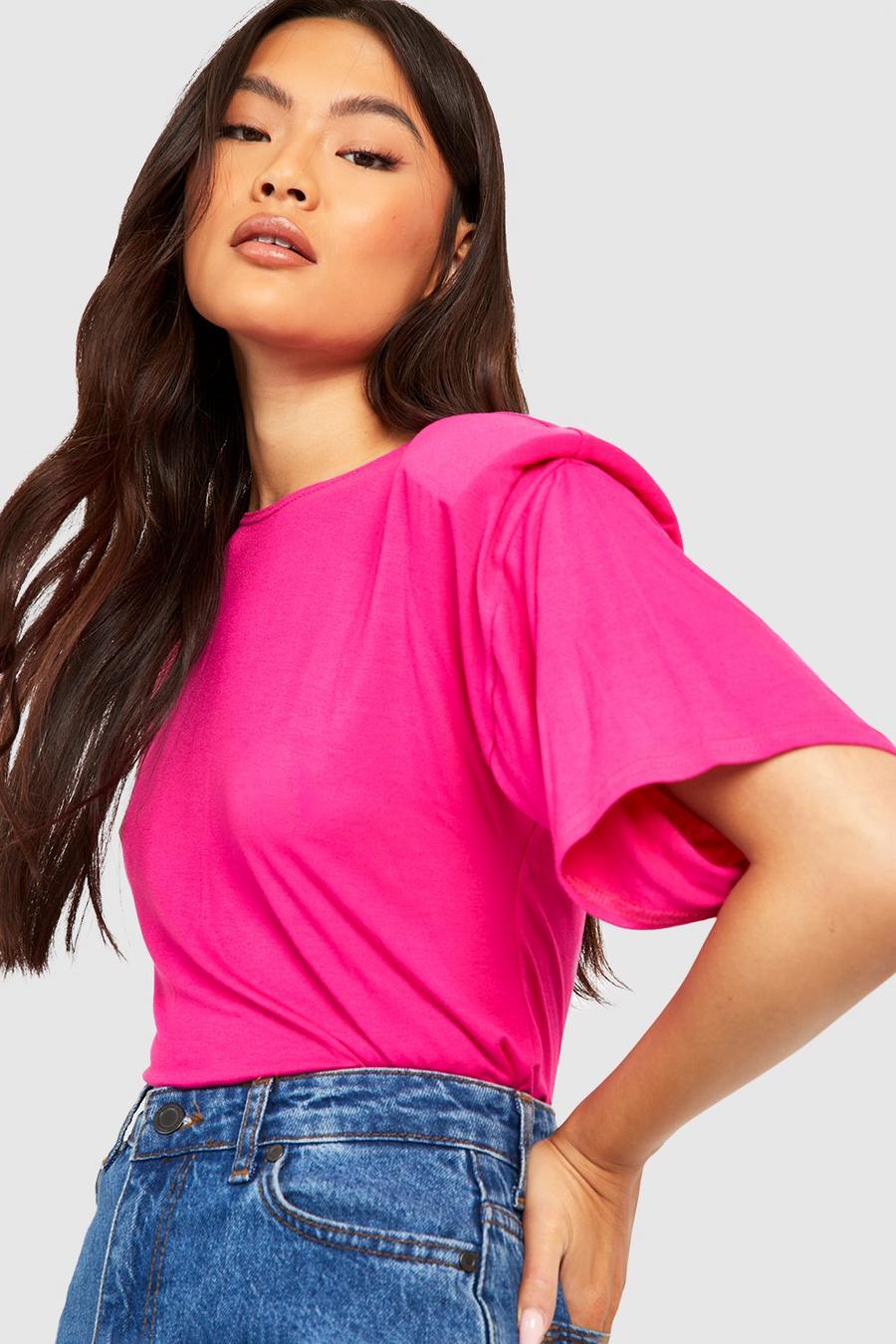Hot pink rosa Shoulder Pad Detail T-shirt