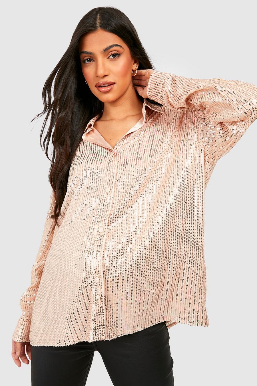 Champagne beige Maternity Oversized Sequin Shirt image number 1