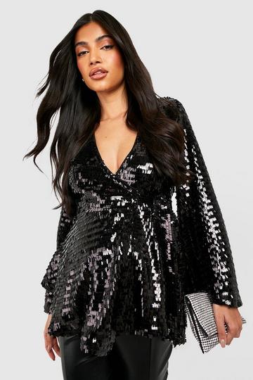 Black Maternity Sequin Flare Sleeve Wrap Top