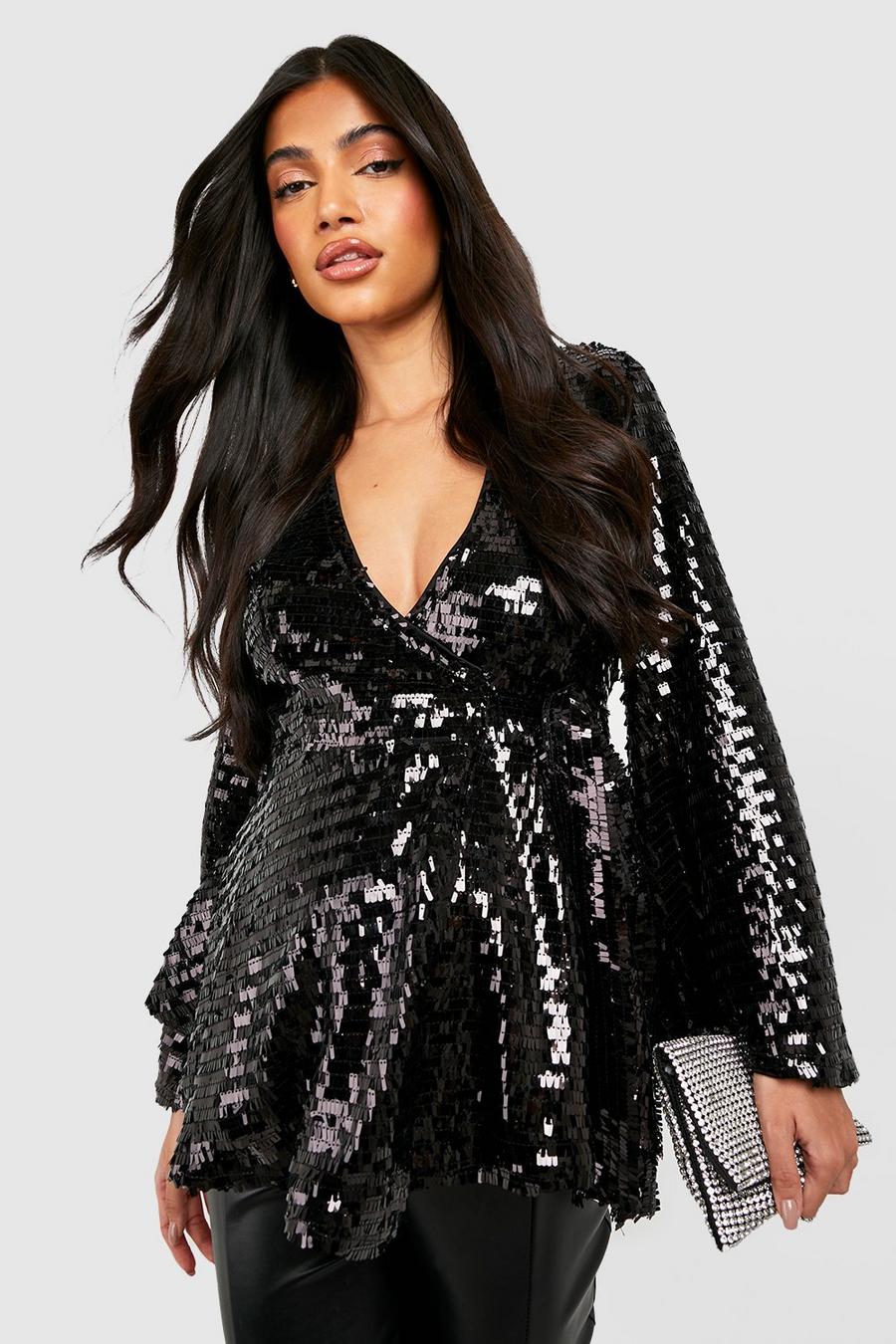 Black Maternity Sequin Flare Sleeve Wrap Top image number 1