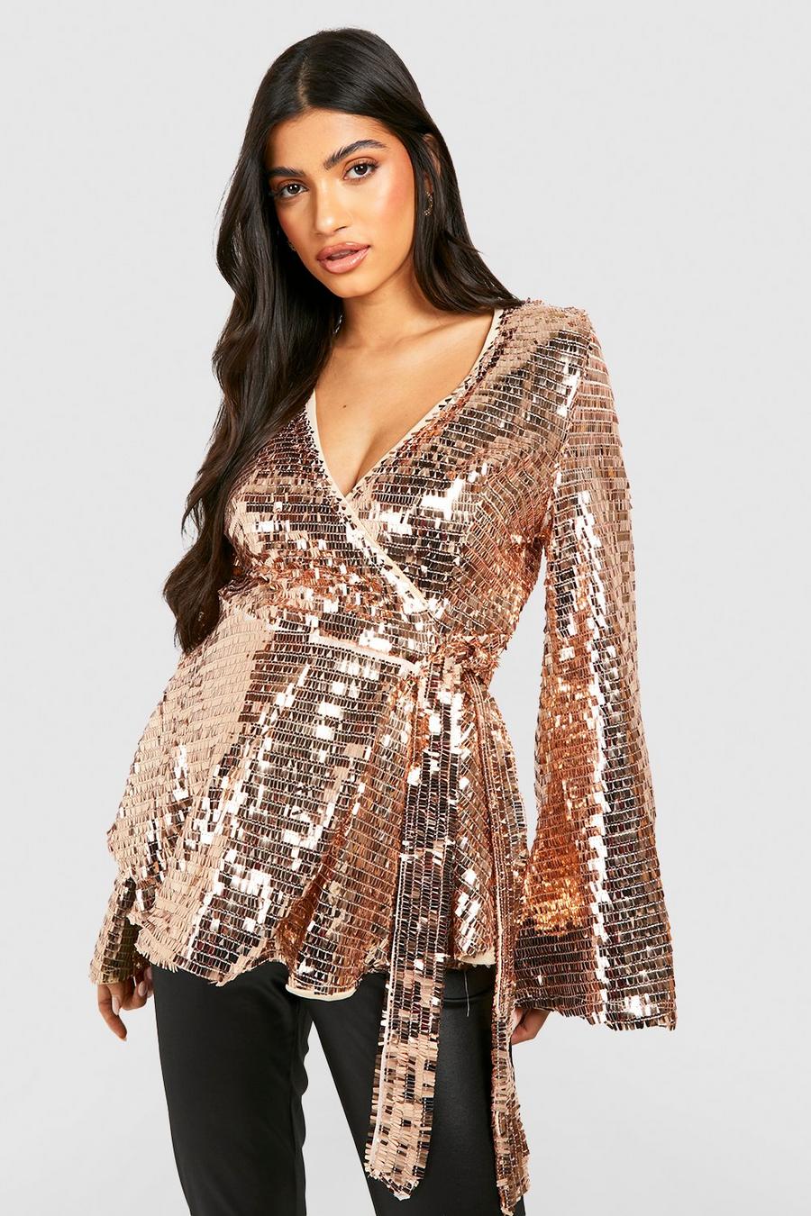 Light bronze Maternity Sequin Flare Sleeve Wrap Top image number 1