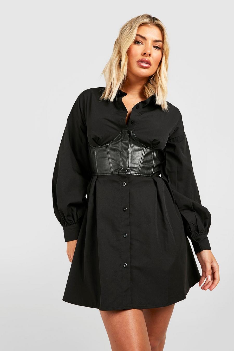 Black Shirt Dress With Faux Leather Corset image number 1