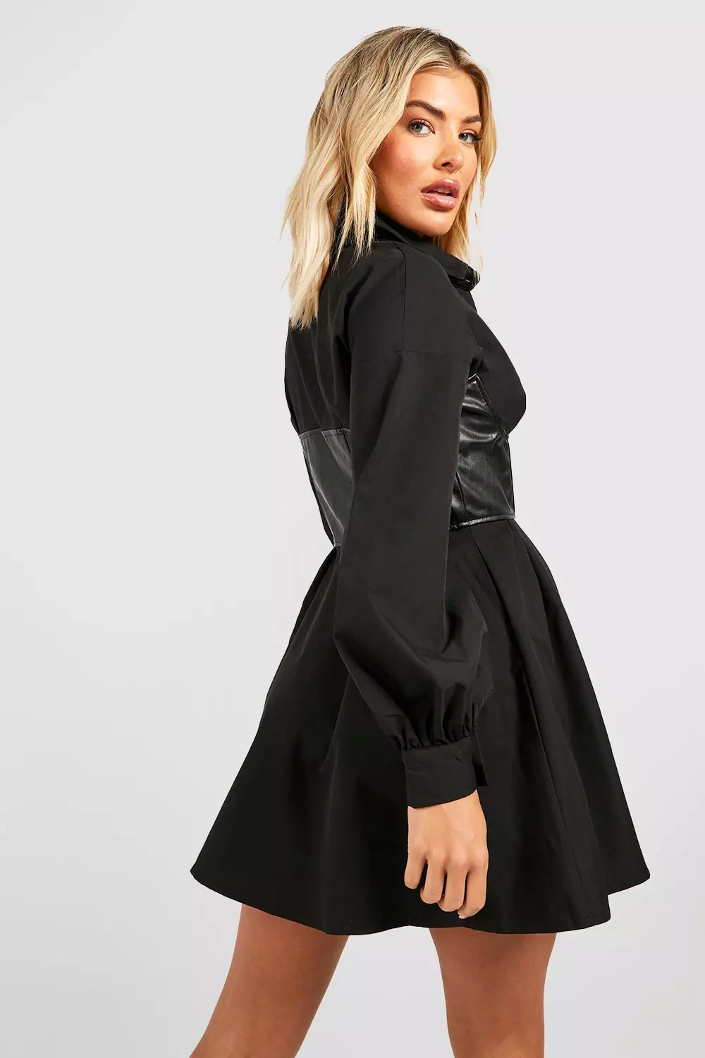 Boohoo exclusive leather look shirt dress hot sale in black