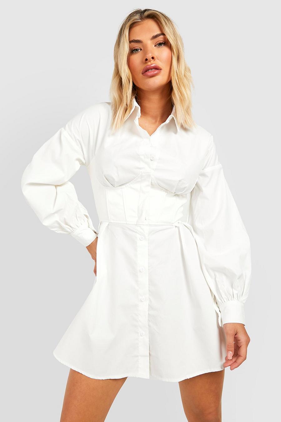 Ivory white Shirt Dress With Faux Leather Corset