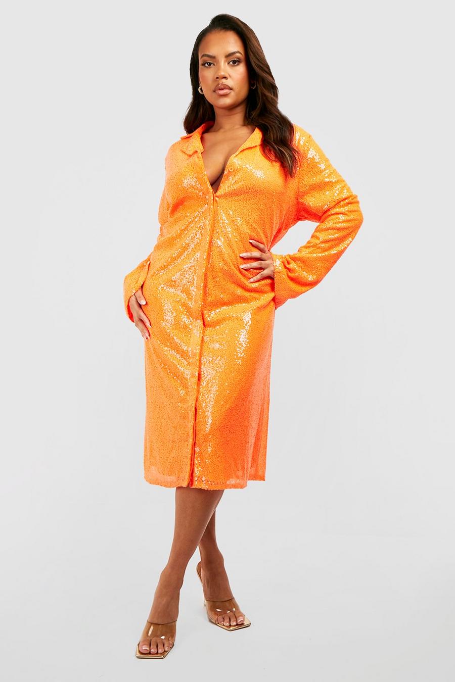 Orange arancio Plus Sequin Shirt Midi Dress